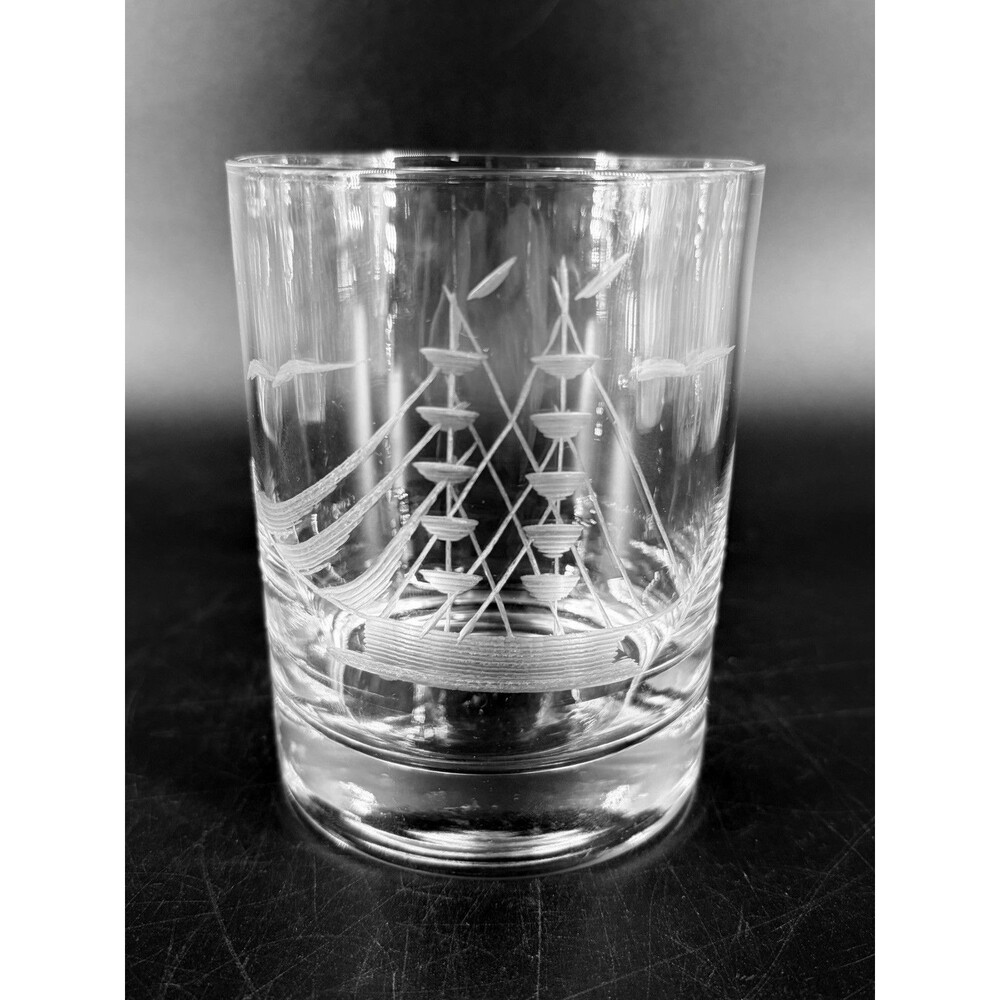 Vintage Javit Crystal Clipper Ship Bird Etched Sea Rock Whiskey Glass USA